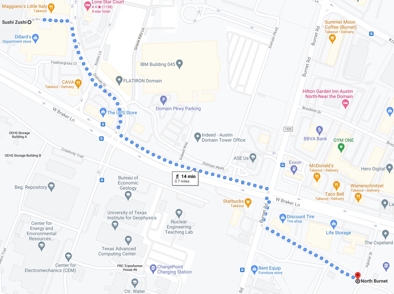 Map of walking route described in this post, from the Domain Green Garage to McKalla Place (Q2) Stadium