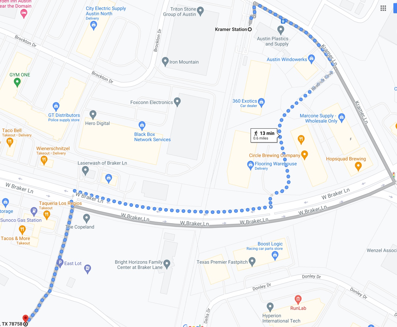 Map of walking route described in this post, from Kramer Station to McKalla Place (Q2) Stadium